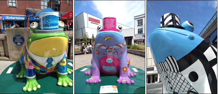 A photo of three frogs from the Stockport Frog Trail